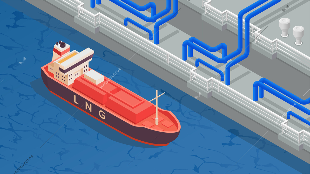 Gas industry isometric background with tanker mooring to berth equipped for unloading lng vector illustration