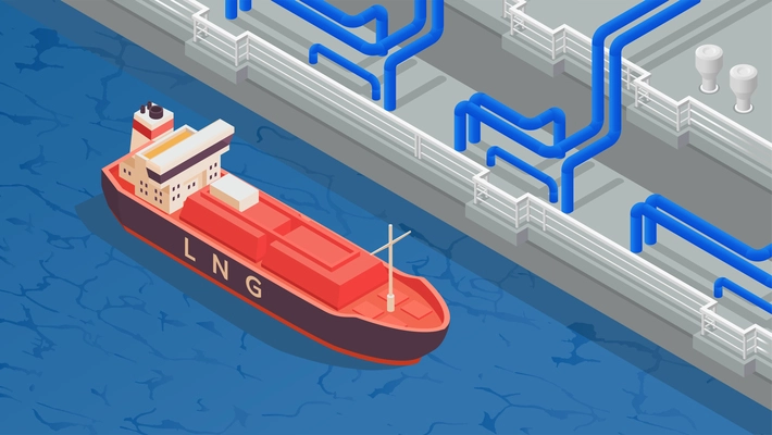 Gas industry isometric background with tanker mooring to berth equipped for unloading lng vector illustration