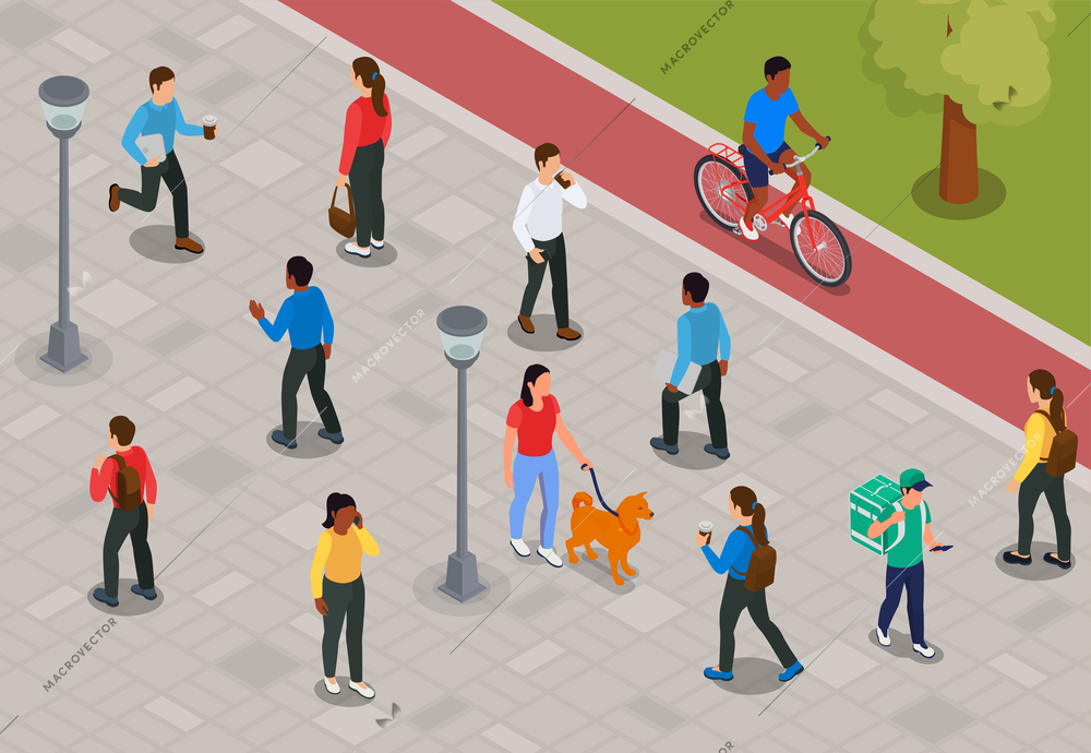 People walking dog  riding bike delivering food on city sidewalk isometric background vector illustration