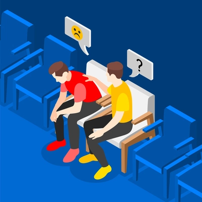 Empathy characters isometric background with man consoling the friend vector illustration