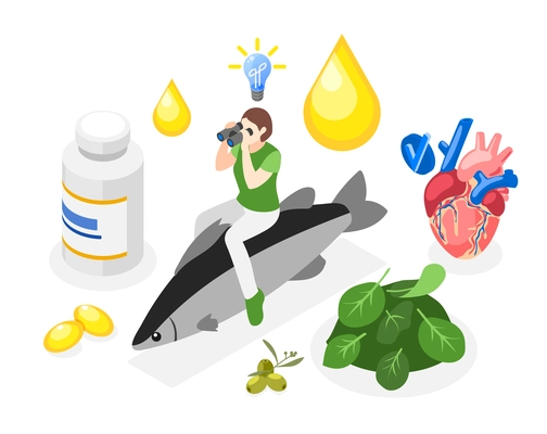 Omega 3 and 6 acids isometric composition with vitamin rich products and supplements vector illustration