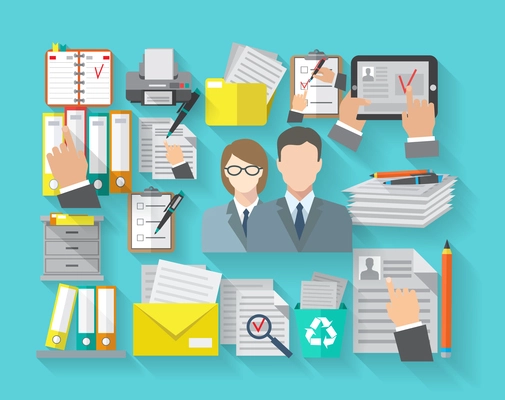 Documentation concept with office workers and archive organizing flat icons set vector illustration