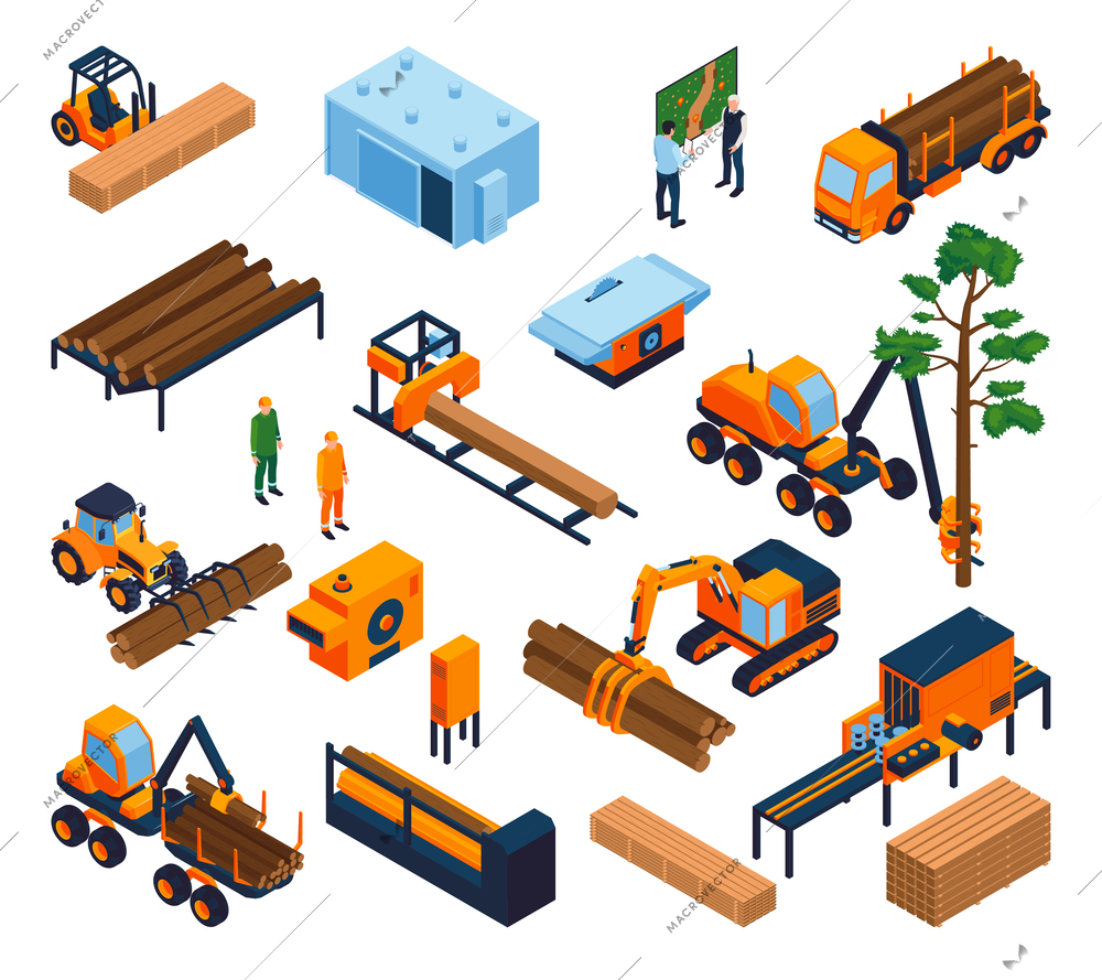 Isometric sawmill and lumberjack equipment icons set isolated vector illustration