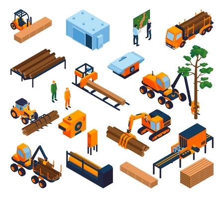 Isometric sawmill and lumberjack equipment icons set isolated vector illustration