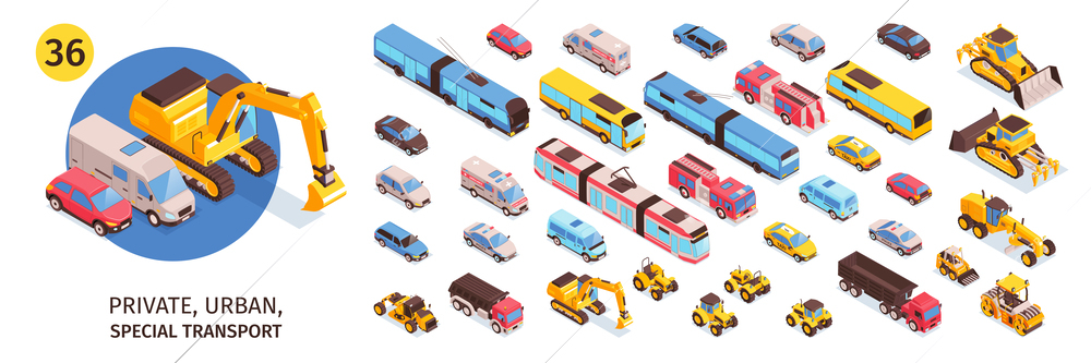 Isometric transport set with isolated icons of cars vans trucks and buses with trams abd bulldozers vector illustration