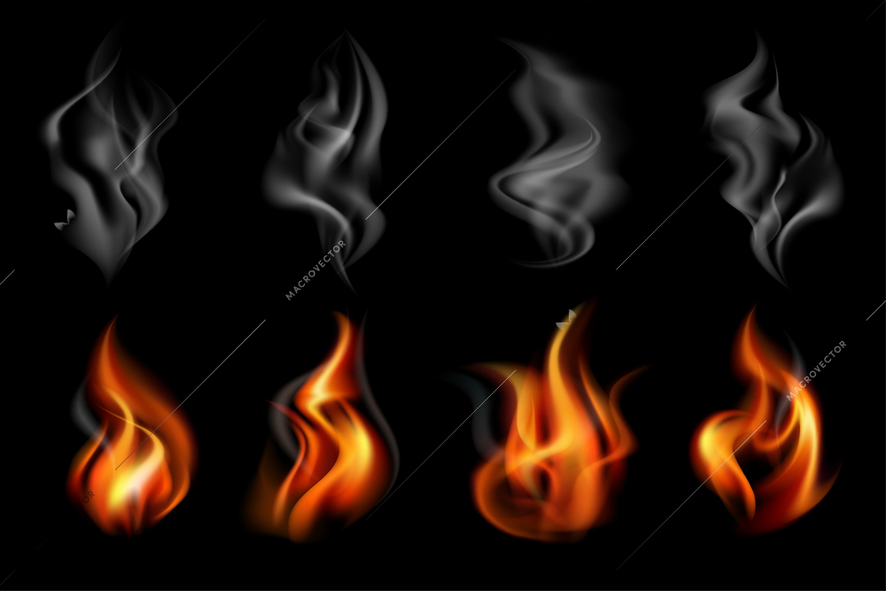 Realistic fire smoke colored icon set with gray and red isolated fires on black background vector illustration