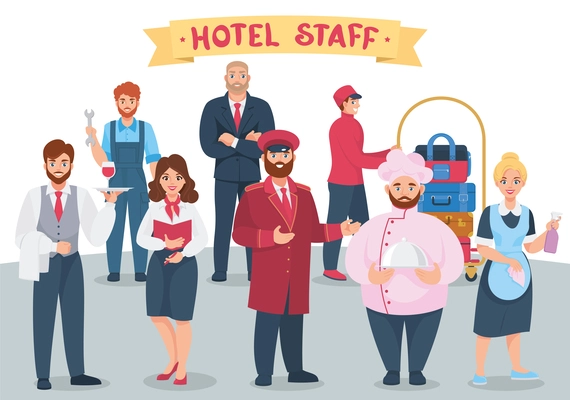 Hotel staff flat composition with text on ribbon and characters of hotel industry coworkers in suits vector illustration