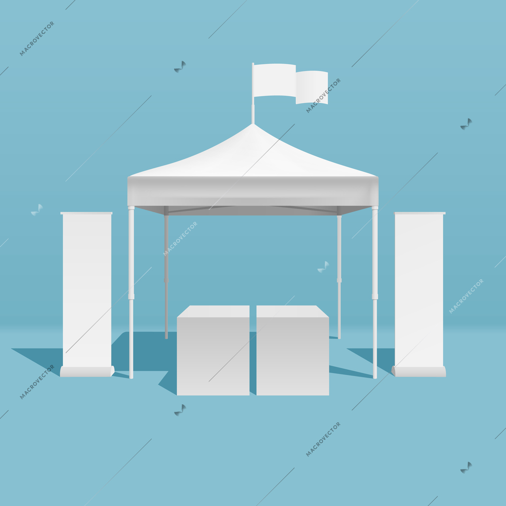 Promotion tent realistic mockups concept with festival symbols vector illustration