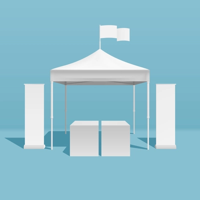 Promotion tent realistic mockups concept with festival symbols vector illustration