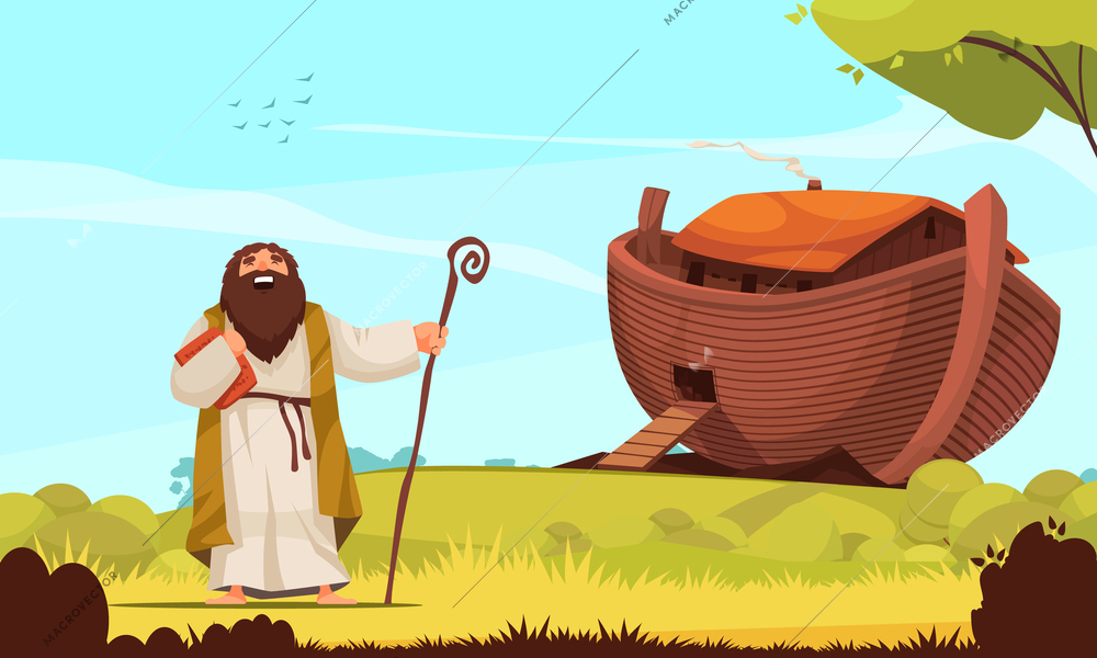 Noah staying near big wooden ark that he built at behest of god flat cartoon vector illustration