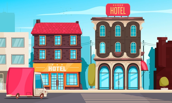 Fragment of urban landscape with hotel buildings standing along city road color background  flat vector illustration