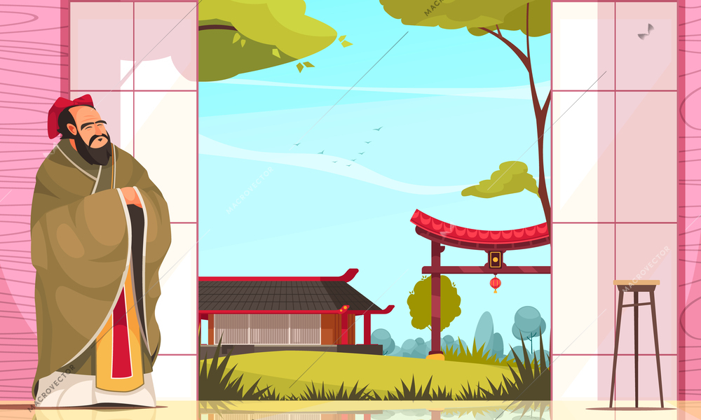 Ancient chinese philosopher and thinker confucius at traditional eastern buildings background flat vector illustration