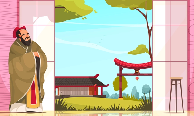 Ancient chinese philosopher and thinker confucius at traditional eastern buildings background flat vector illustration