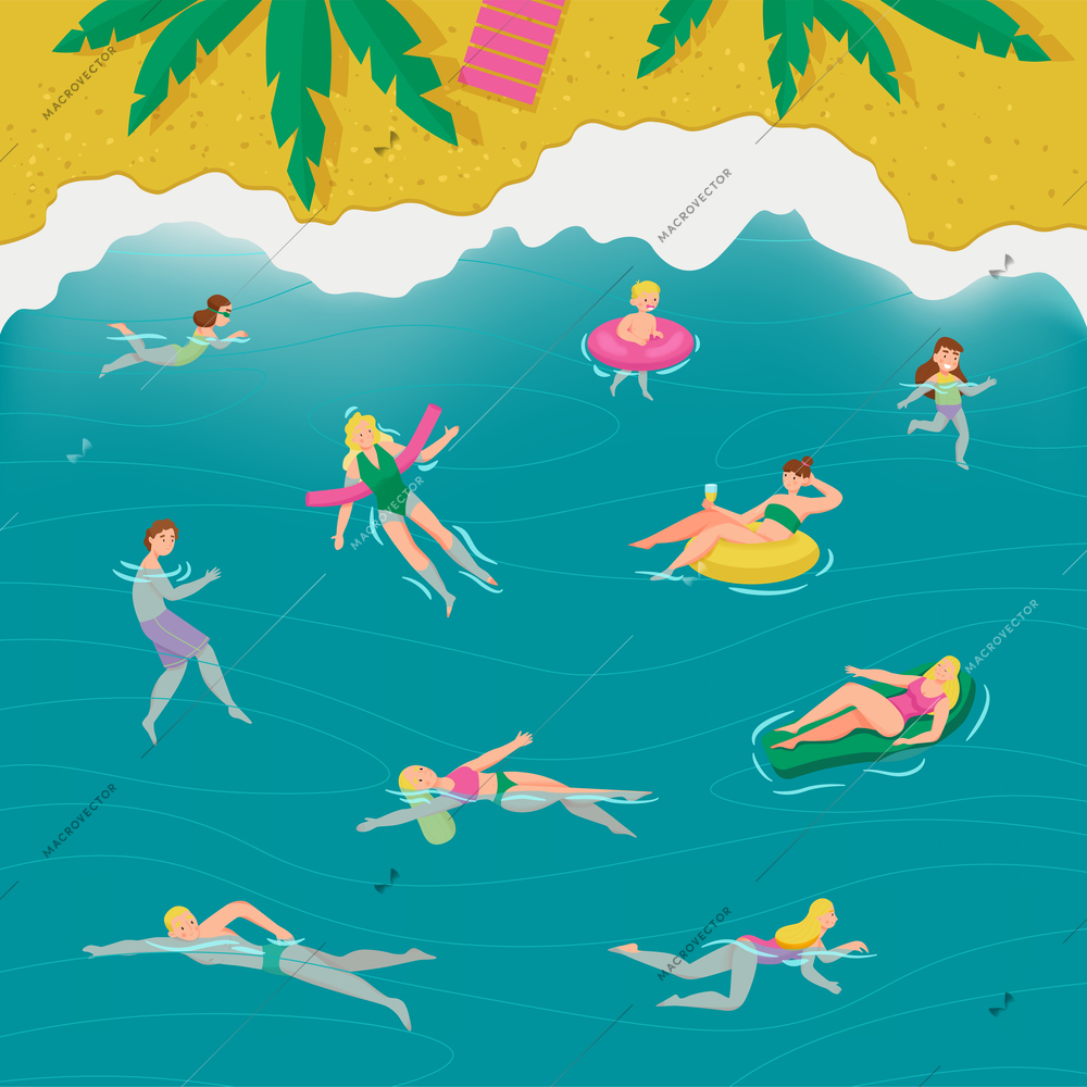 Swimming swimwear people composition women and men resting in the water near the shore vector illustration