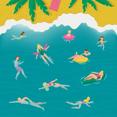 Swimming swimwear people composition women and men resting in the water near the shore vector illustration