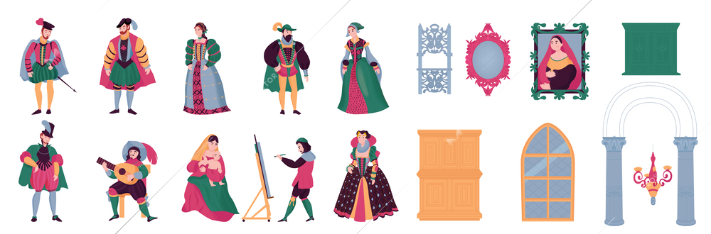 Renaissance style color icon set windows arches mirrors and paintings from the castle women and men in medieval clothing vector illustration