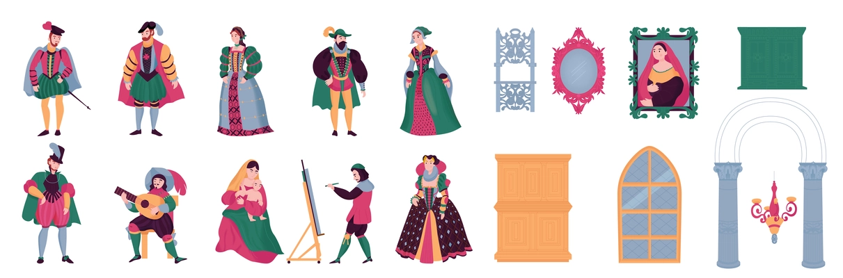 Renaissance style color icon set windows arches mirrors and paintings from the castle women and men in medieval clothing vector illustration