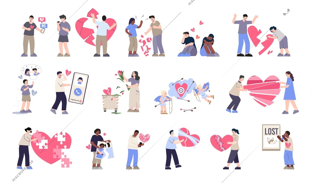 Broken heart set with flat isolated characters of loving persons with flowers smartphone pictograms and hearts vector illustration