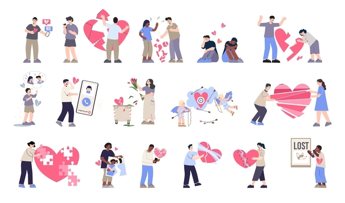 Broken heart set with flat isolated characters of loving persons with flowers smartphone pictograms and hearts vector illustration