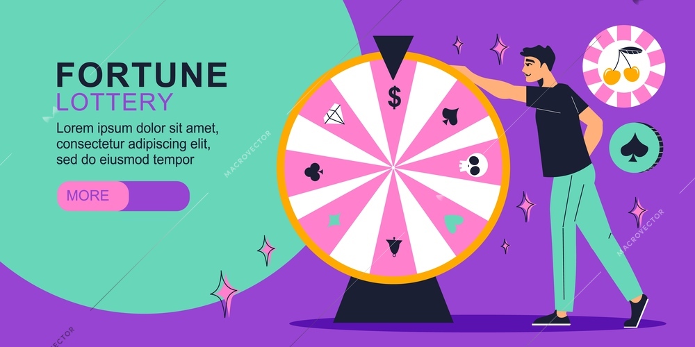 Flat lottery horizontal banner with man turning fortune wheel vector illustration