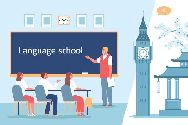 Language courses flat composition with students in Engliss class vector illustration