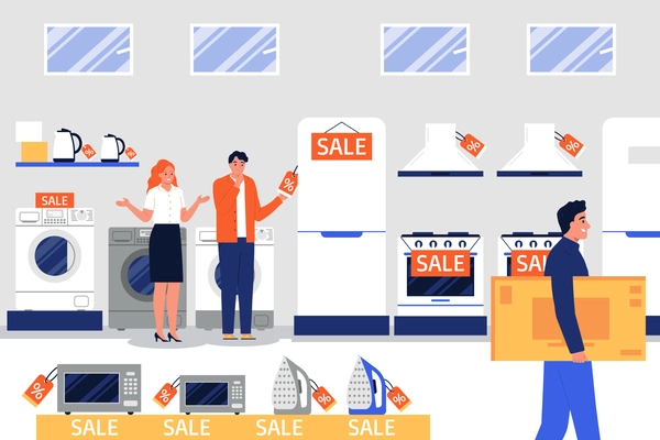 Big sale flat composition with people shopping in appliance store vector illustration