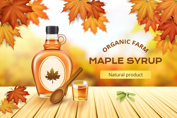Natural maple syrup realistic composition with bottle glass and spoon on wooden table blurred background with autumn leaves vector illustration