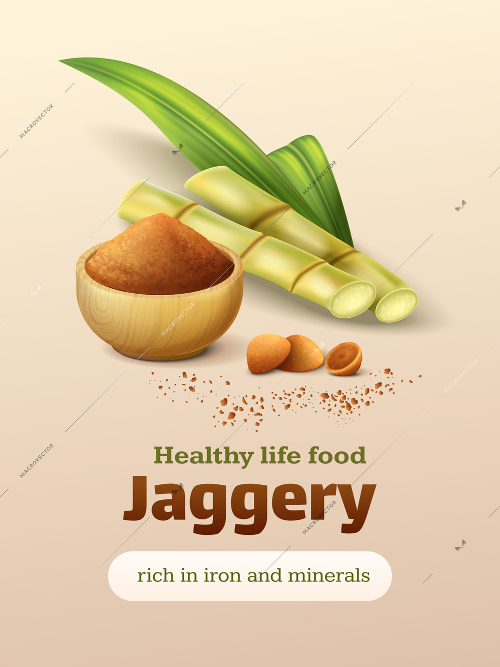 Jaggery powder healthy cane sugar realistic poster with beige background vector illustration