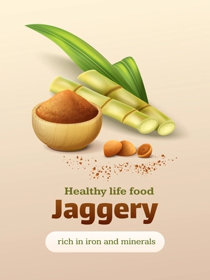 Jaggery powder healthy cane sugar realistic poster with beige background vector illustration