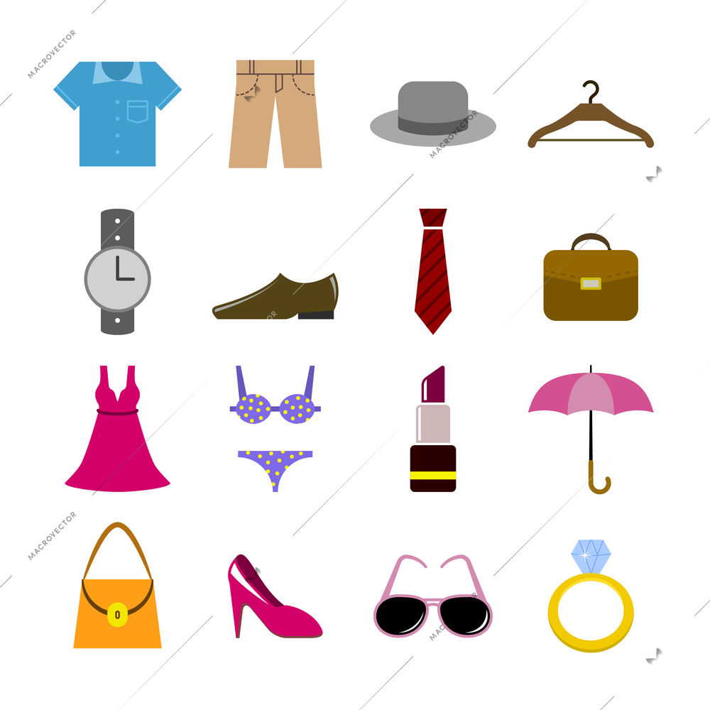 Collection of clothes accessories shoes shirt tie and hat isolated vector illustration