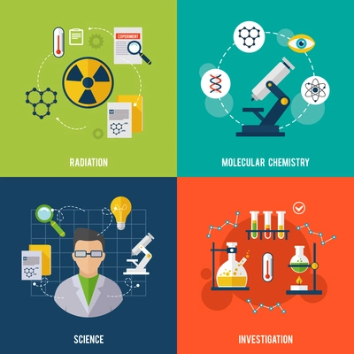 Chemistry design concept set with radiation science investigation flat icons isolated vector illustration