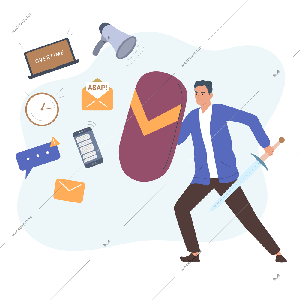 People fighting against stress flat concept with man holding sword and shield vector illustration