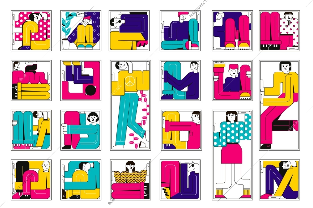 Claustrophobia color set of people in twisted poses locked in small place flat vector illustration