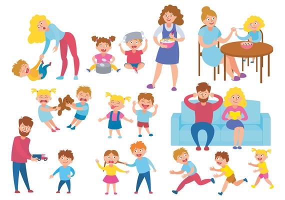 Children behaving badly with parents and each other flat icons set isolated vector illustration