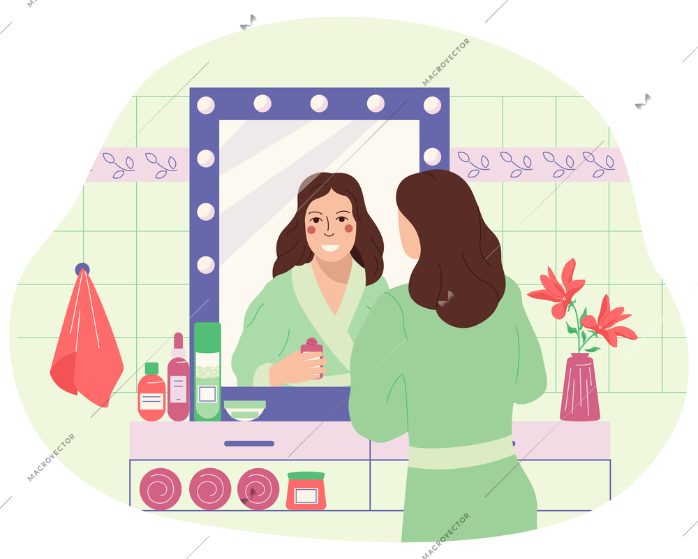Woman body beauty care flat composition with bathroom scenery and female character applying creams to face vector illustration