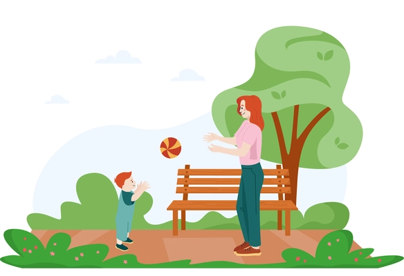 Babysitter flat composition with outdoor park background and adult woman playing ball game with infant boy vector illustration