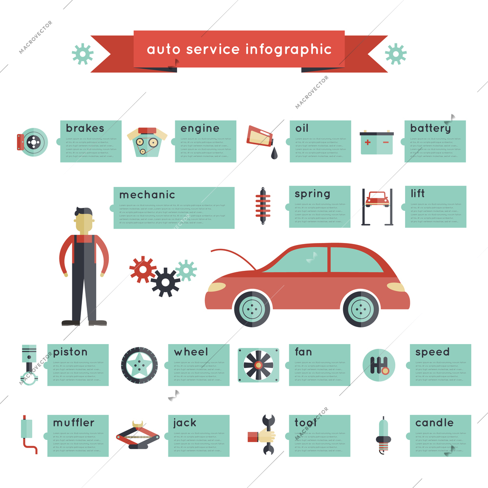 Auto service infographics set with car parts transport maintenance vector illustration