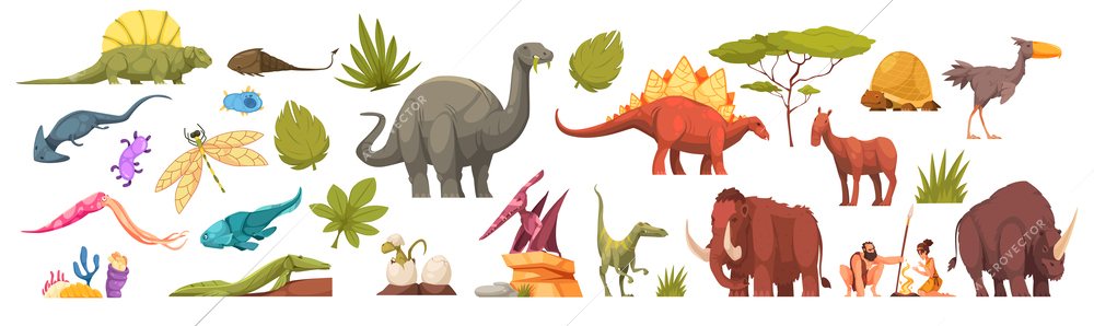 Geochronological era flat color set of predators and herbivores cartoon characters lived in different periods of antiquity isolated vector illustration