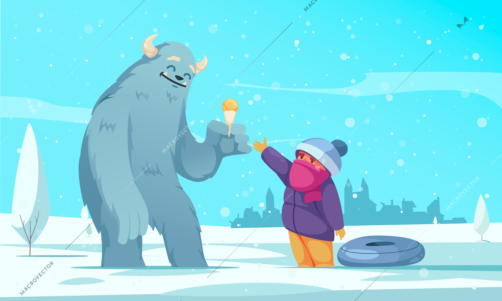 Cartoon winter scenery with little boy treating cute yeti with ice cream vector illustration