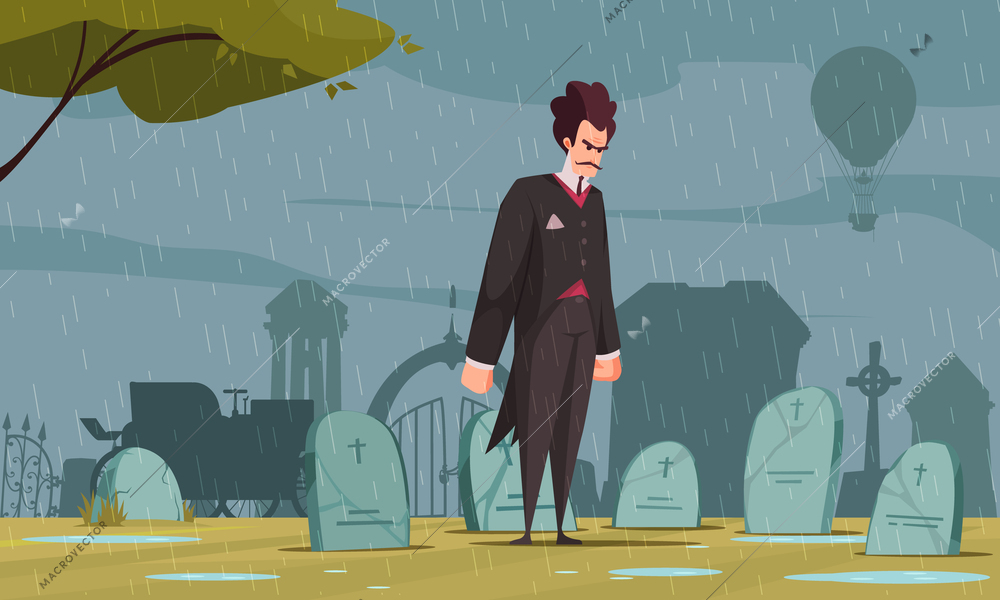 Angry frankenstein looking at gravestone at cemetery in pouring rain cartoon vector illustration