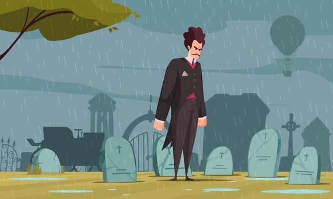 Angry frankenstein looking at gravestone at cemetery in pouring rain cartoon vector illustration