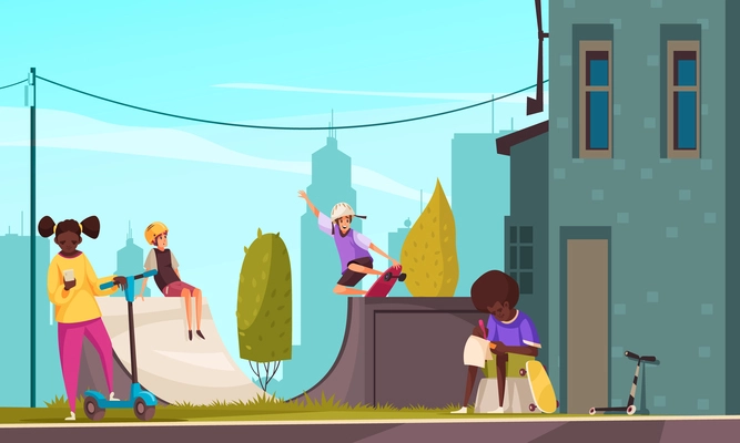 Black boy and girl spending time outdoors with teenagers skateboarding on ramp on cityscape background cartoon vector illustration