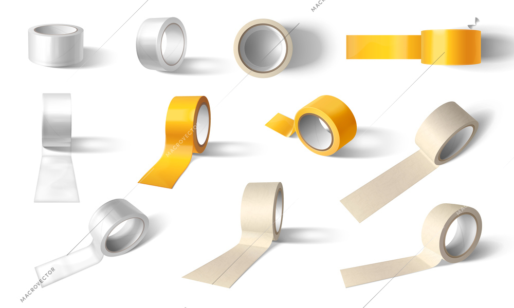 Duct tape mockup realistic set of isolated images with adhesive tape rolls various angles and color vector illustration