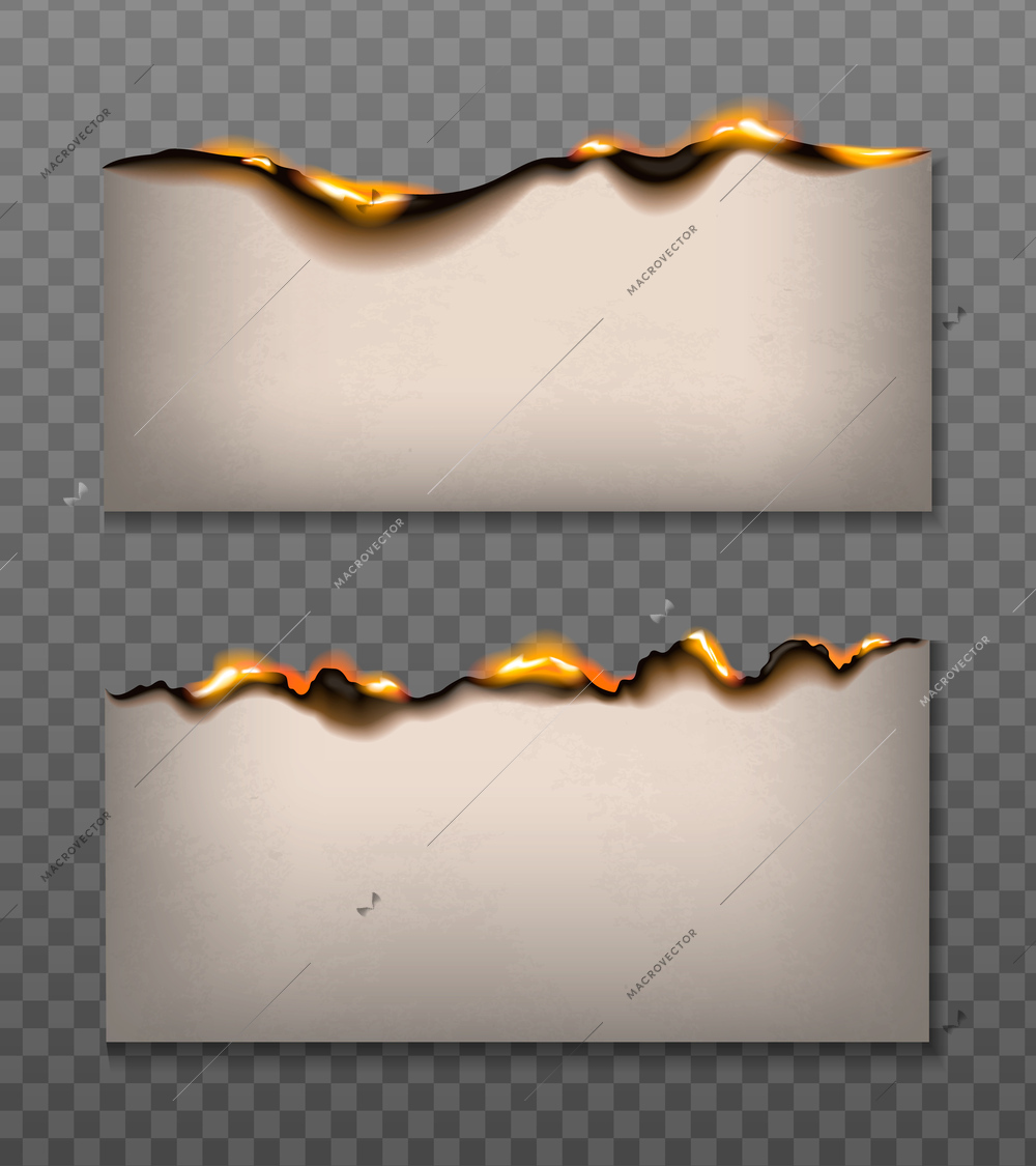 Burnt paper realistic set with empty horizontal banners isolated on transparent background with burning fire flames vector illustration