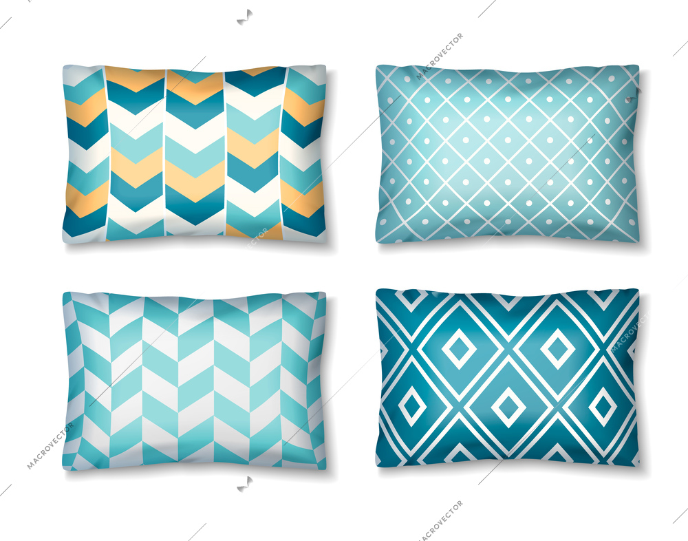 Set of isolated realistic images with pillows of different color and pattern ornaments on blank background vector illustration