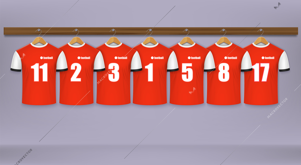 Football team red and white sport uniform with numbers on hanger realistic composition vector illustration