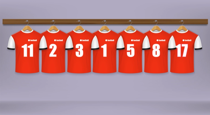 Football team red and white sport uniform with numbers on hanger realistic composition vector illustration