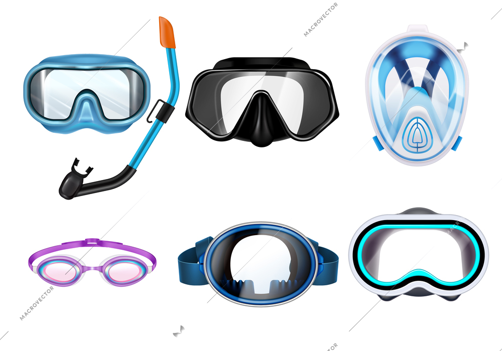 Set of diving snorkelling masks in different colours isolated on white background realistic vector illustration