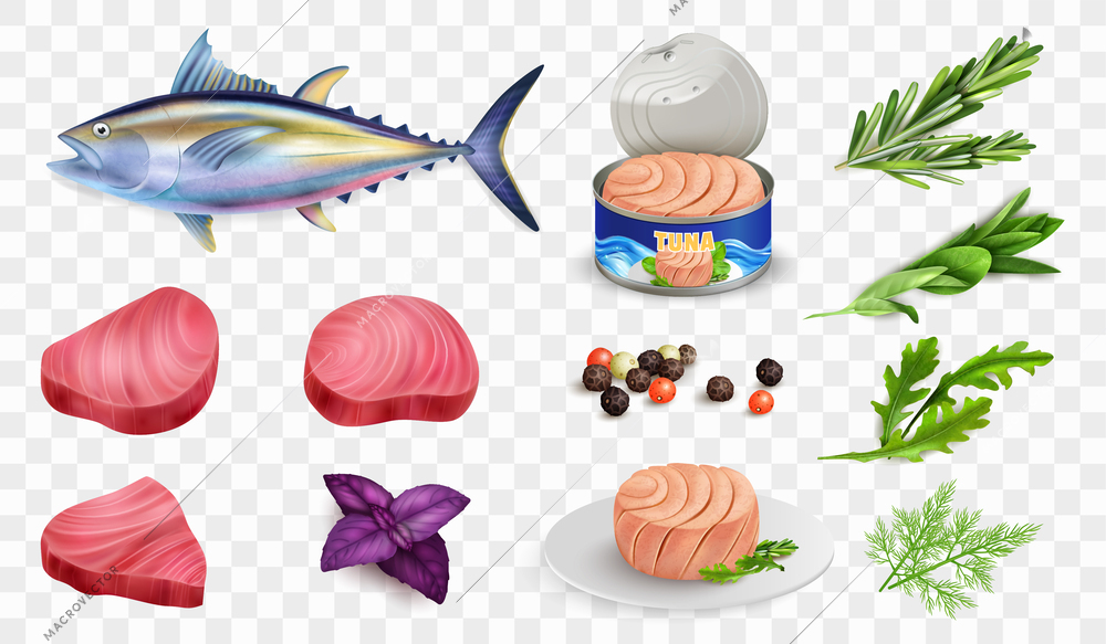 Realistic tuna transparent set with isolated icons of whole fish and steaks in can with greens vector illustration