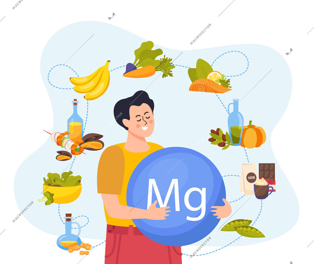 Flat composition with happy man surrounded by healthy magnesium rich foods vector illustration